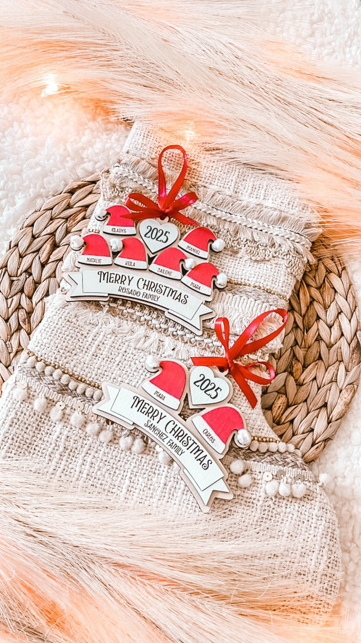 Personalized Santa Hat Family Ornament – Custom Names (2–10 Hats)
