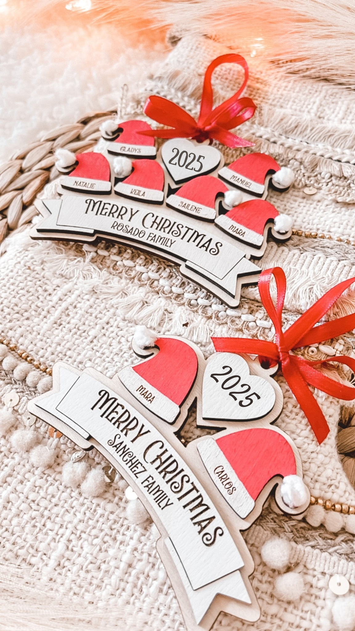 Personalized Santa Hat Family Ornament – Custom Names (2–10 Hats)
