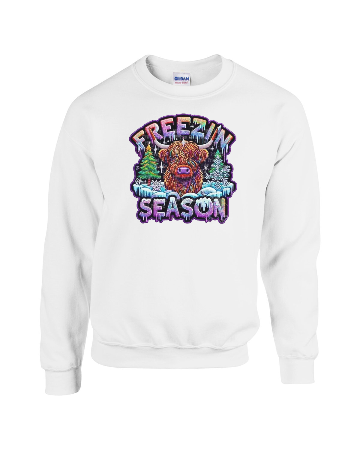 White sweatshirt with a colorful graphic of a highland cow and text on a white background