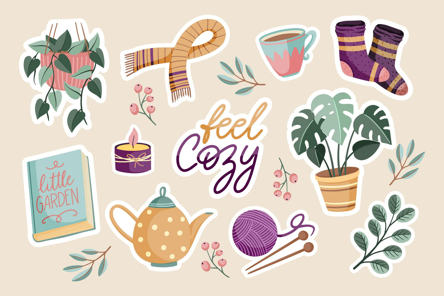 Hand Drawn Hygge Stickers Pack - Full Color & Waterproof