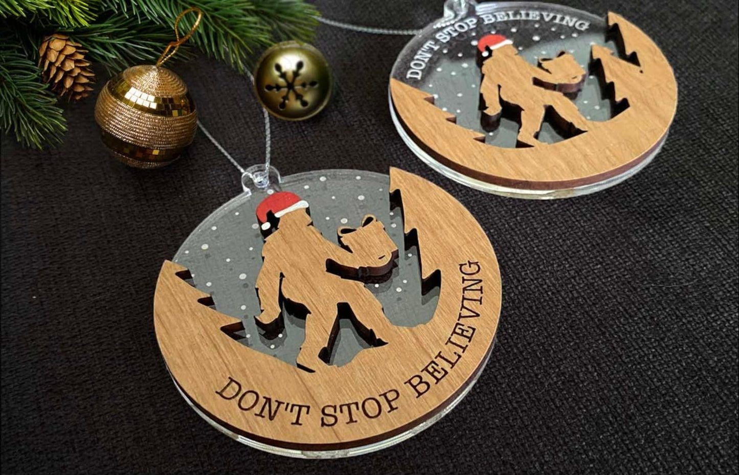 Bigfoot “Don’t Stop Believing” Ornament – Wood & Acrylic