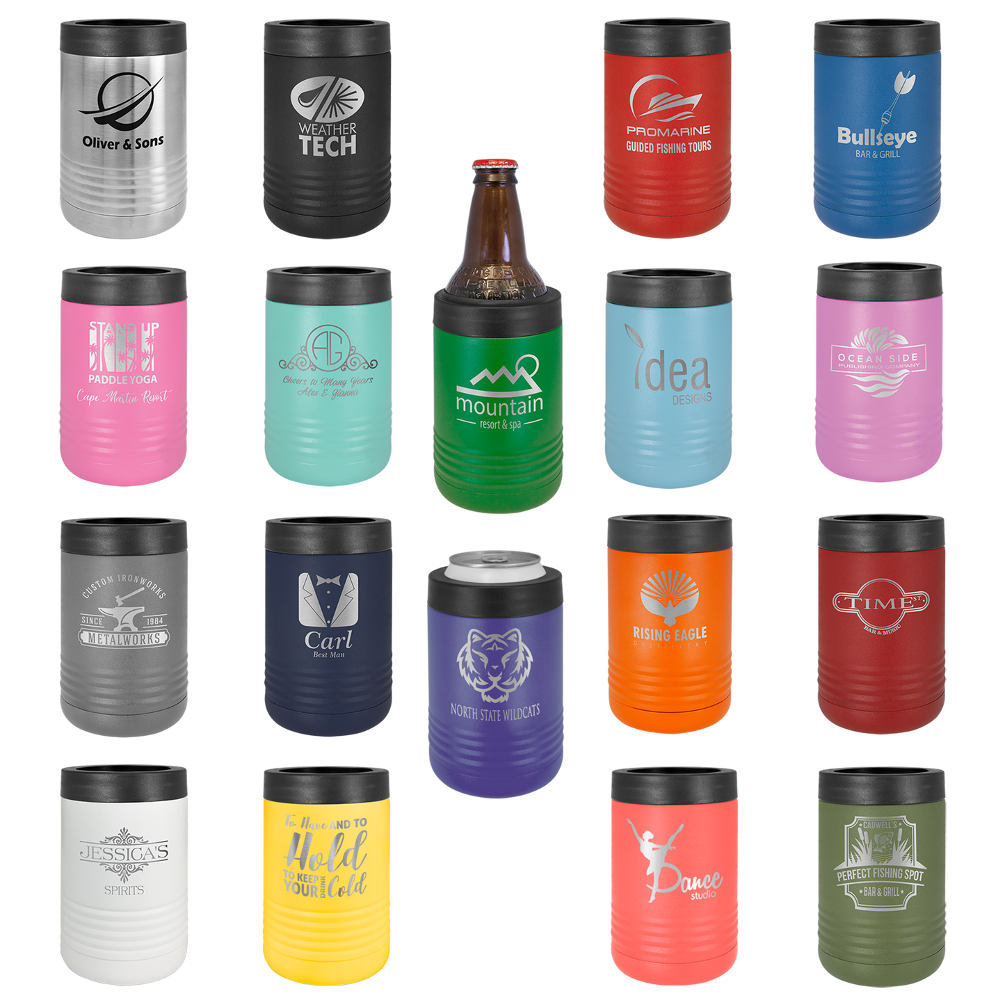 Collection of insulated tumblers in various colors with different designs and text.