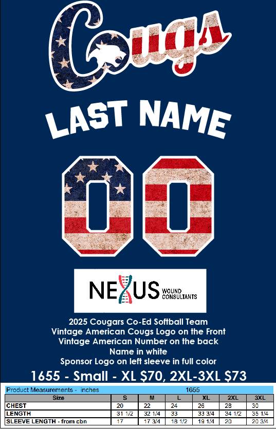 Cascade Christian 2025 Co-Ed Softball Jersey SUB for 4XL