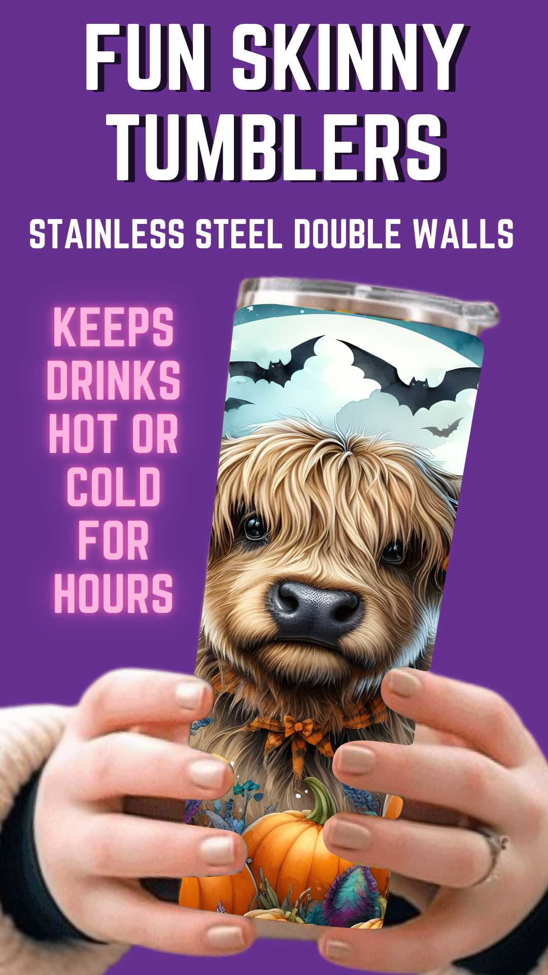 Vaso delgado de 20 oz a todo color con diseño de vaca de las Tierras Altas de Halloween 2