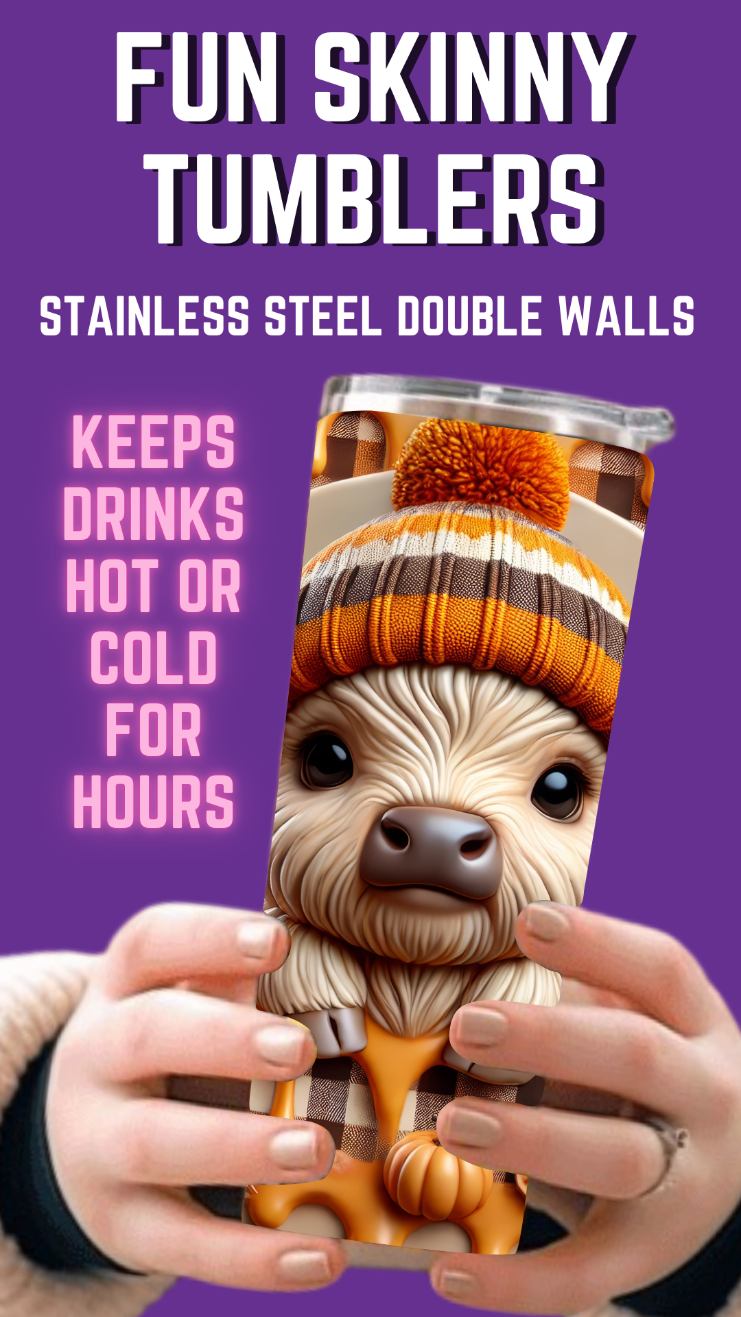 Vaso delgado de 20 oz con diseño de vaca de las Tierras Altas en otoño en 3D a todo color