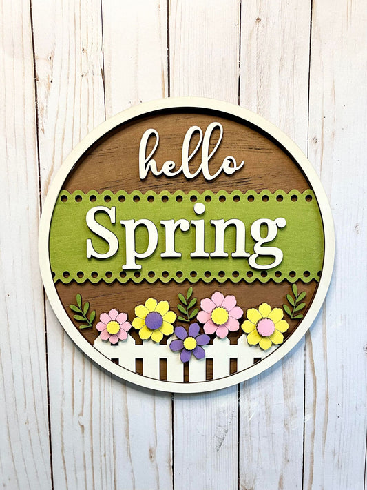 Hello Spring Round Layers Sign - Ready to Paint Kit or Finished