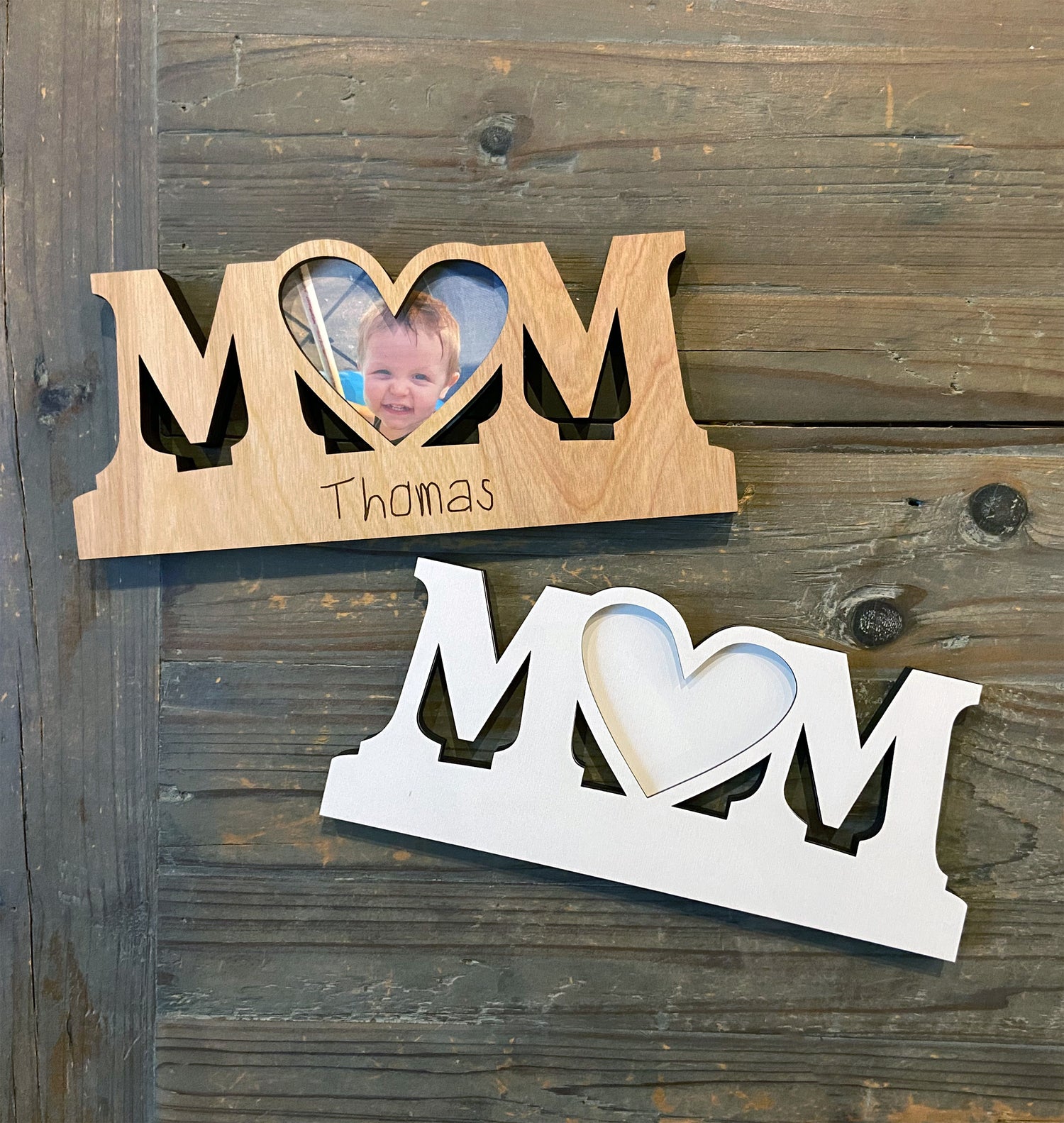 Mom wood cutout with photo of child and child handwriting engraved. Wood Grain and White Options
