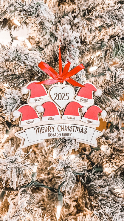 Personalized Santa Hat Family Ornament – Custom Names (2–10 Hats)