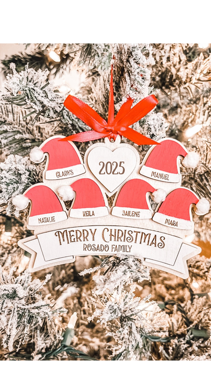 Personalized Santa Hat Family Ornament – Custom Names (2–10 Hats)