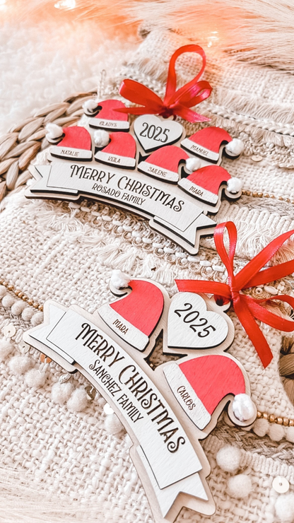 Personalized Santa Hat Family Ornament – Custom Names (2–10 Hats)