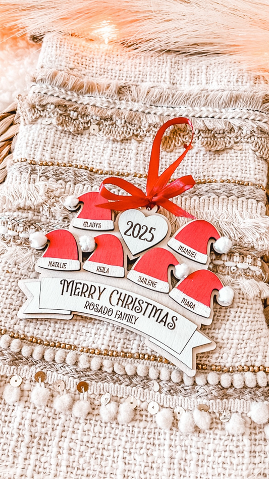 Personalized Santa Hat Family Ornament – Custom Names (2–10 Hats)