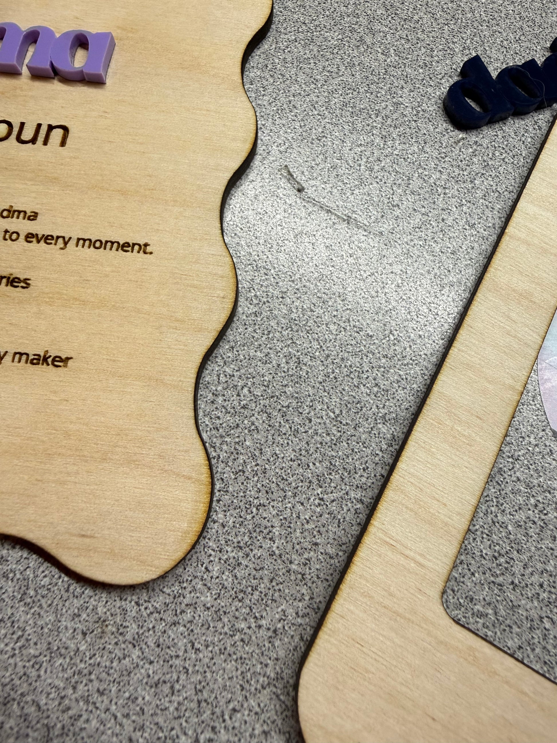 Wooden product with text on a textured surface