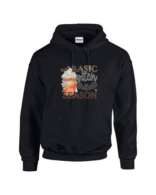 Black hoodie with a graphic design on a white background