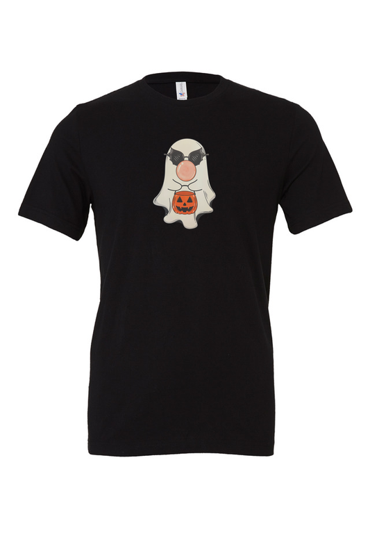 Black t-shirt with a ghost and pumpkin graphic on a white background