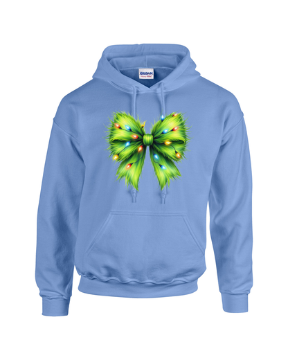Light blue hoodie with a green bow design on a white background