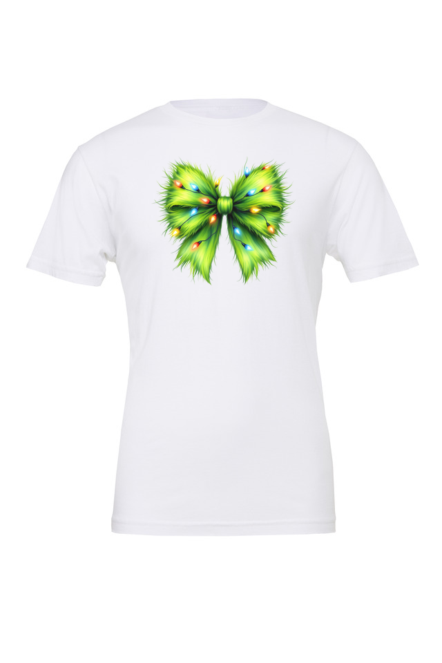 Whimsical Grinchmas Bow with Christmas Lights Premium BellaCanvas T-Shirt