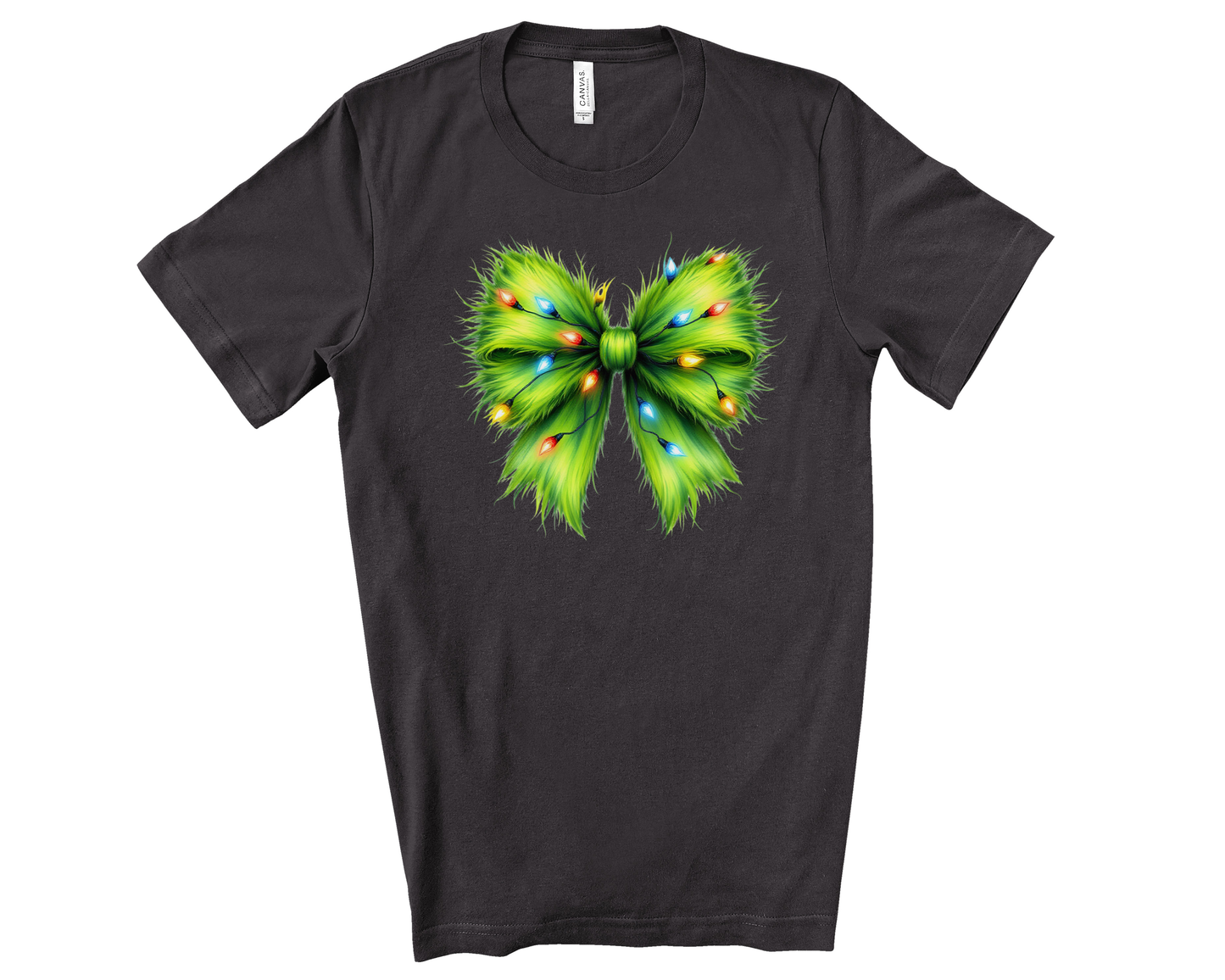 Whimsical Grinchmas Bow with Christmas Lights Premium BellaCanvas T-Shirt
