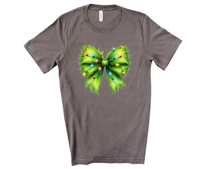 Whimsical Grinchmas Bow with Christmas Lights Premium BellaCanvas T-Shirt