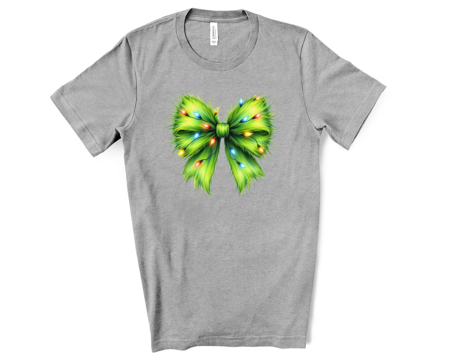 Whimsical Grinchmas Bow with Christmas Lights Premium BellaCanvas T-Shirt