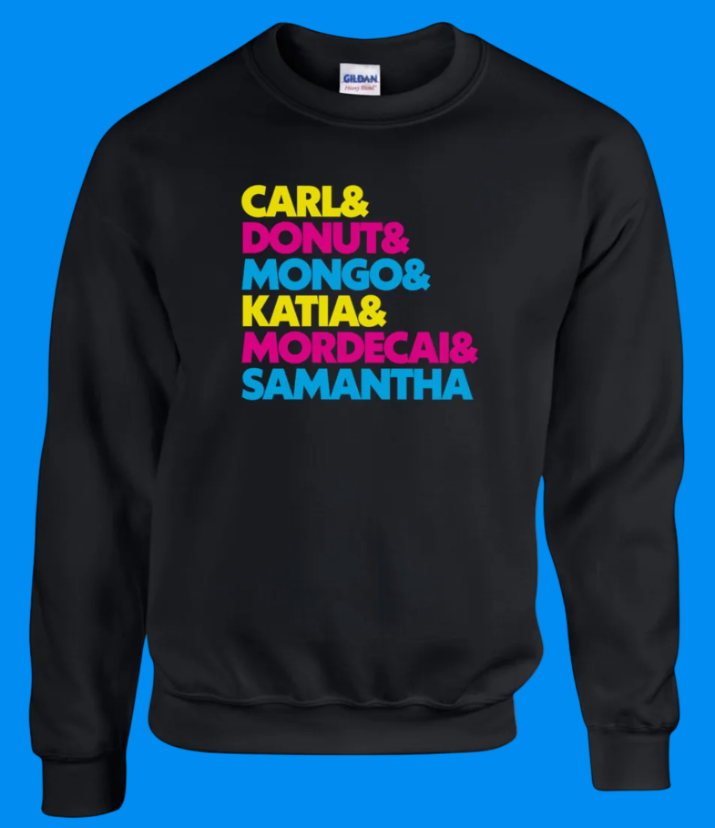 Black sweatshirt with colorful text on a white background