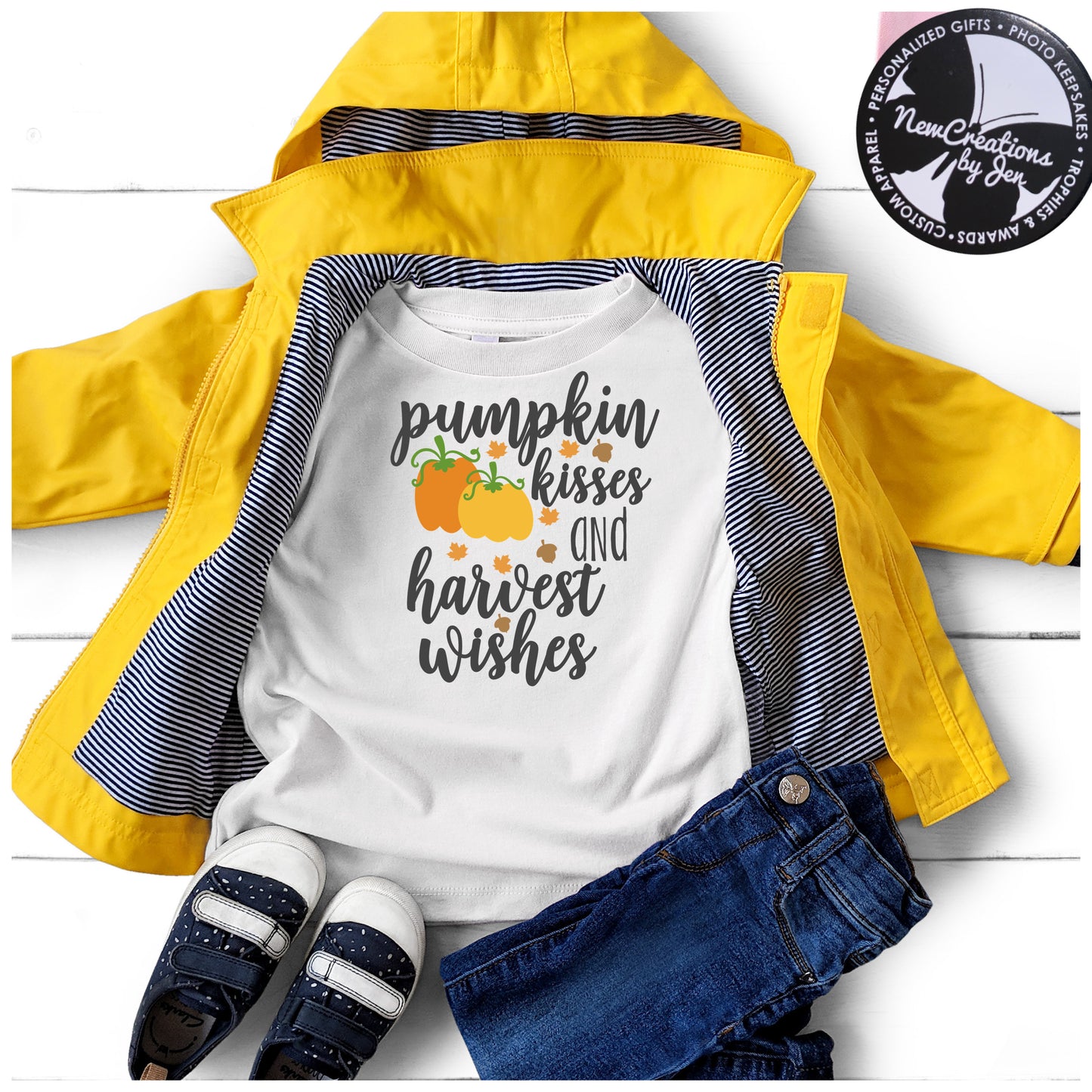 pumpkin kisses and harvest wishes shirt with a yellow raincoat