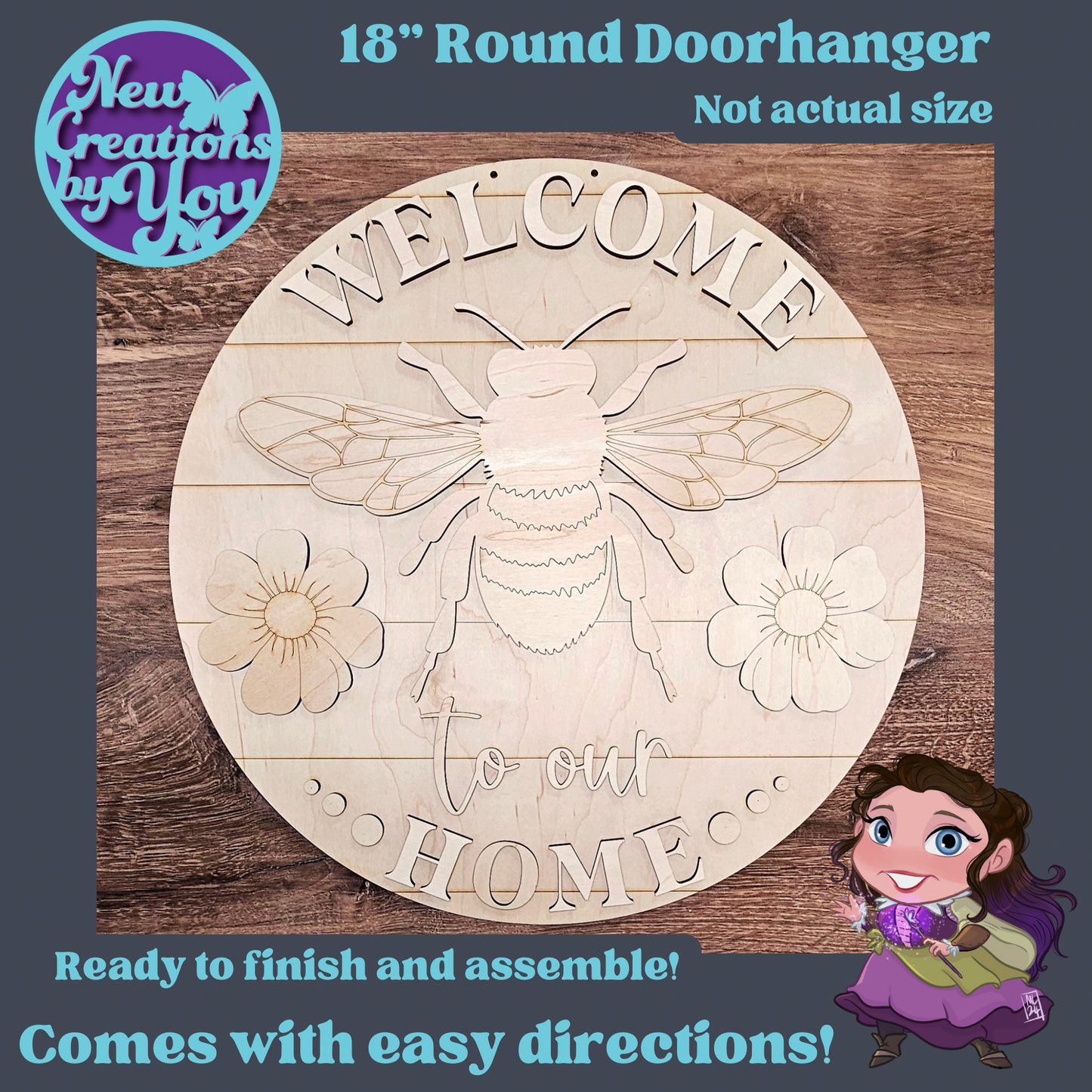 Welcome Bees & Blooms 18” Round Doorhanger sign kit