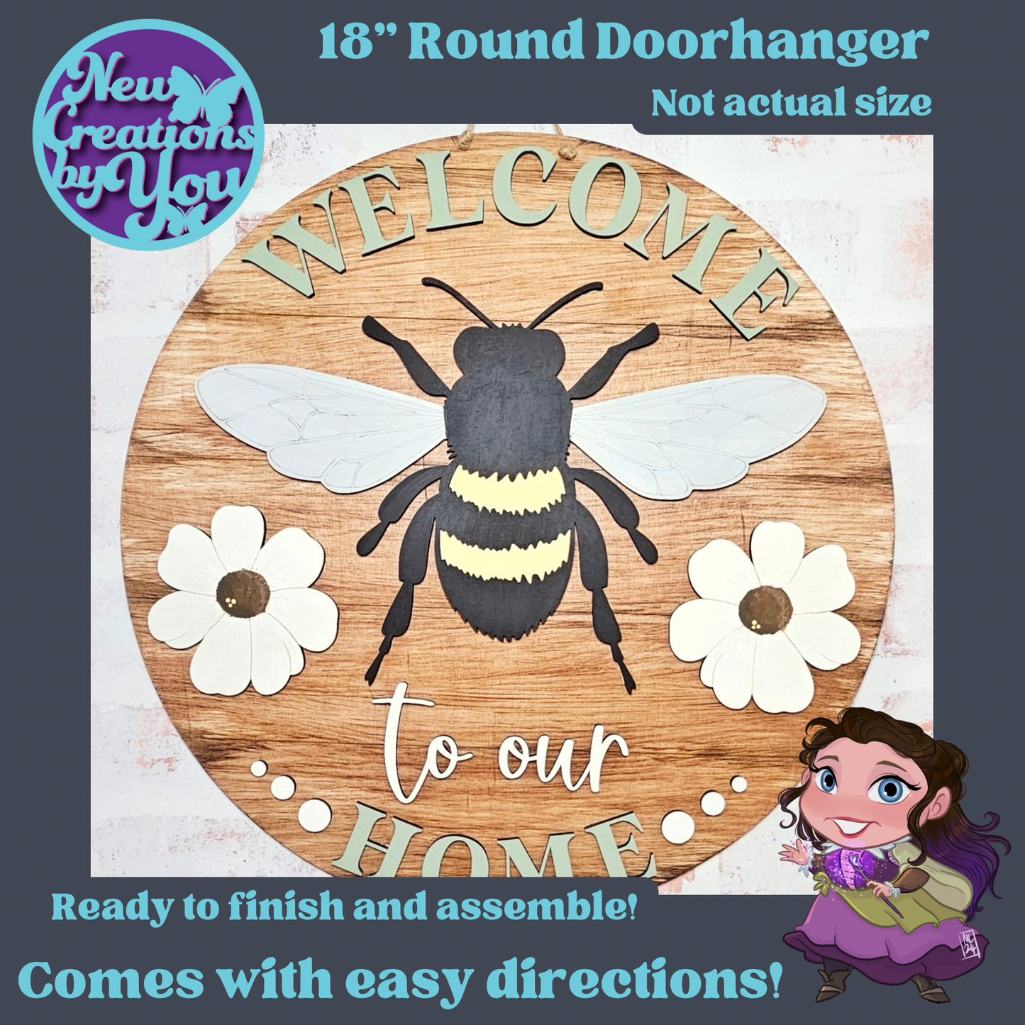 Welcome Bees & Blooms 18” Round Doorhanger sign kit