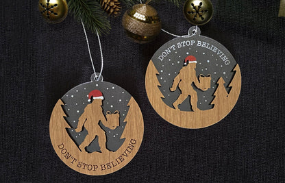 Bigfoot “Don’t Stop Believing” Ornament – Wood & Acrylic