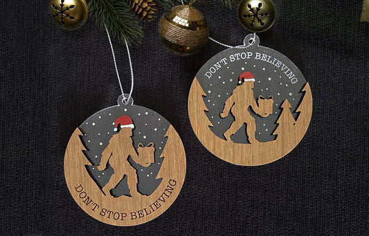 Bigfoot “Don’t Stop Believing” Ornament – Wood & Acrylic