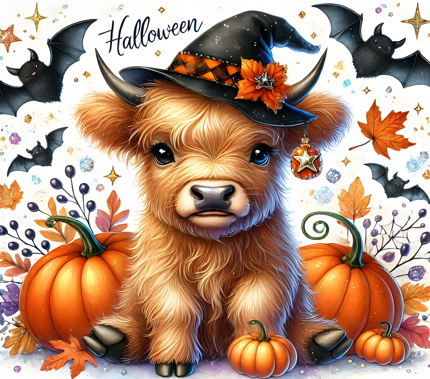 Vaso delgado de 20 oz con diseño de vaca de las Tierras Altas de Halloween a todo color