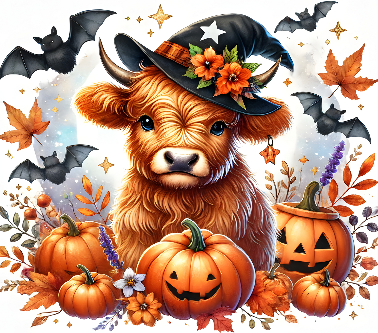 Vaso delgado de 20 oz con diseño de vaca de las Tierras Altas de Halloween a todo color