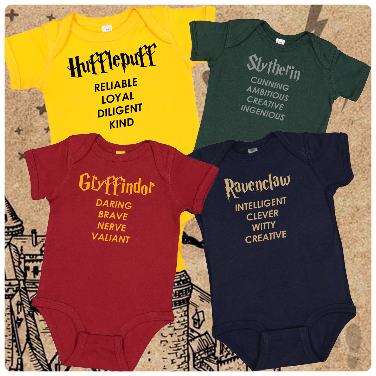 Harry Potter  inspired Sorting Set of onesies - House Names & Attributes