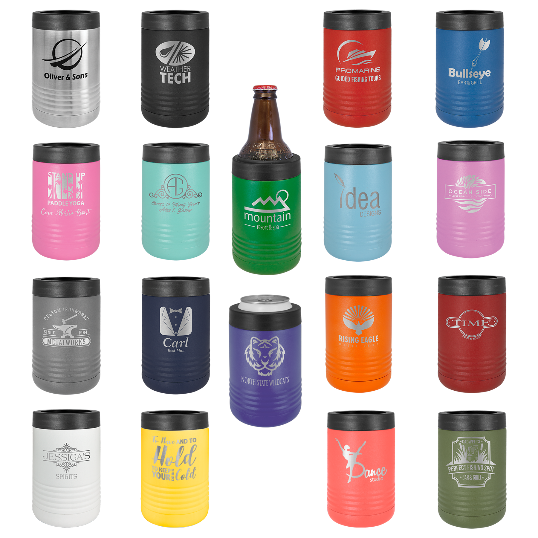 Collection of insulated tumblers in various colors with different designs and text.