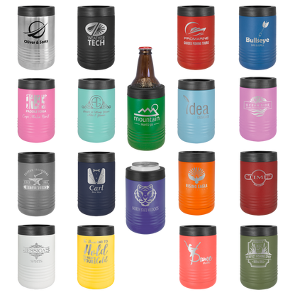 Collection of insulated tumblers in various colors with different designs and text.