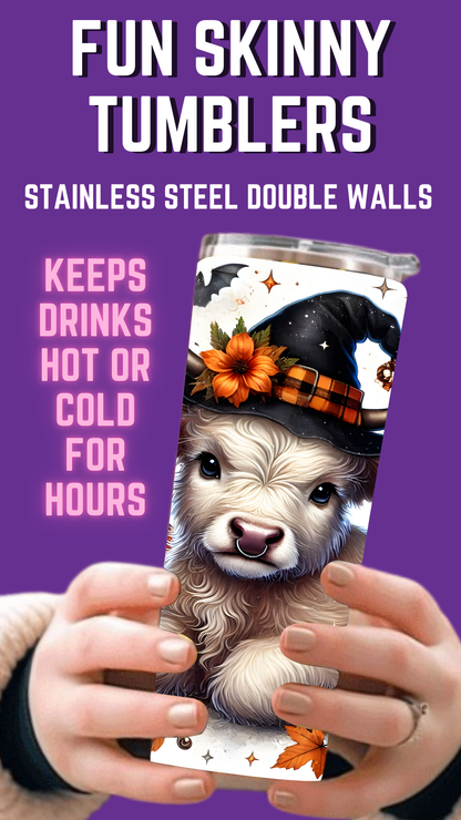 Vaso delgado de 20 oz con diseño de vaca de las Tierras Altas de Halloween a todo color