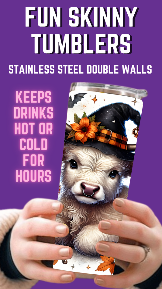 Vaso delgado de 20 oz con diseño de vaca de las Tierras Altas de Halloween a todo color