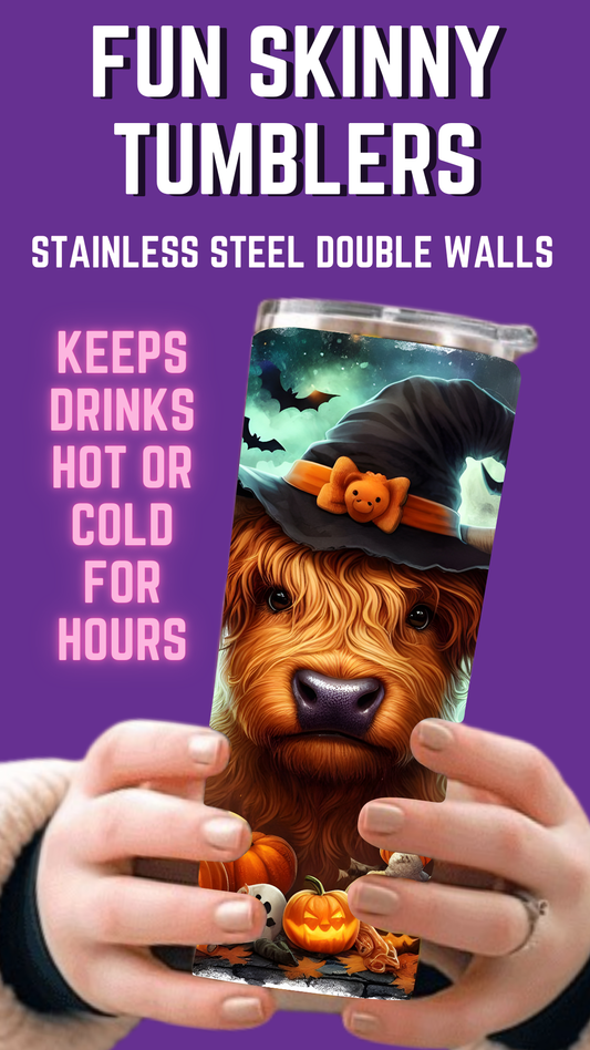 Vaca de las Tierras Altas de Halloween, vaso delgado de 20 oz a todo color