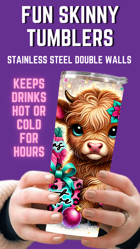 Vaso delgado de 20 oz con diseño navideño de vaca de las Tierras Altas a todo color