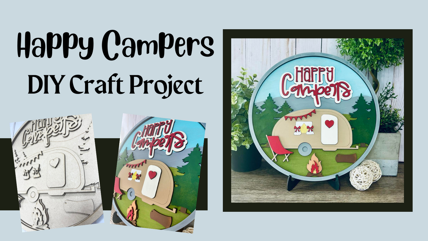 Letrero redondo de capas de Happy Campers