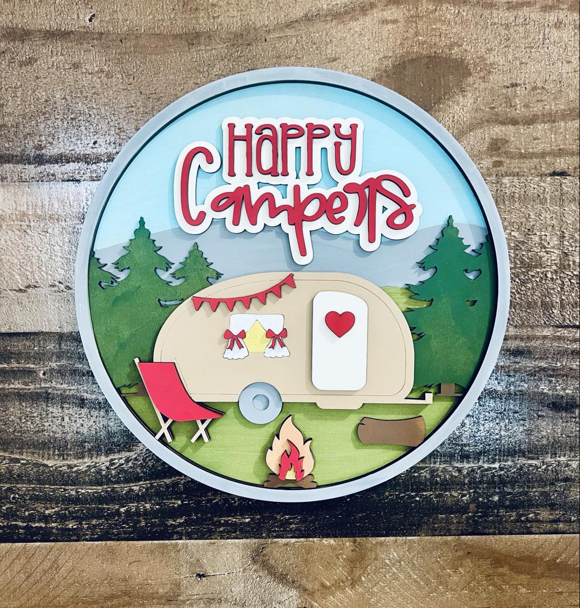 Letrero redondo de capas de Happy Campers