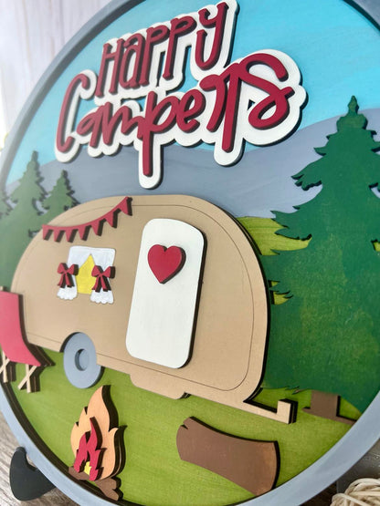 Letrero redondo de capas de Happy Campers