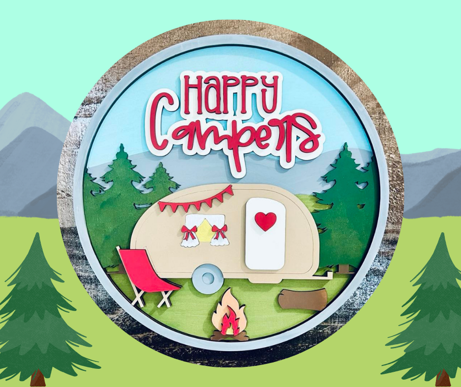 Letrero redondo de capas de Happy Campers