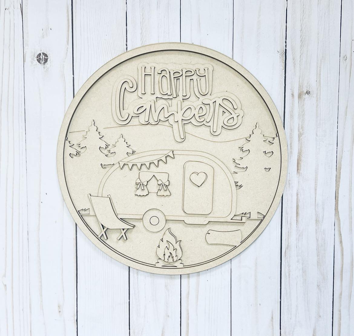 Letrero redondo de capas de Happy Campers