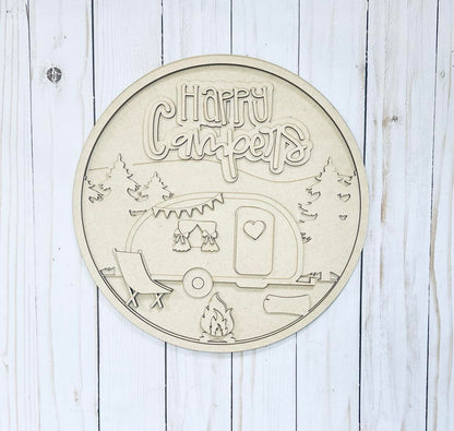 Letrero redondo de capas de Happy Campers