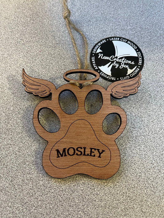 Adorno de madera conmemorativo de pata de perro