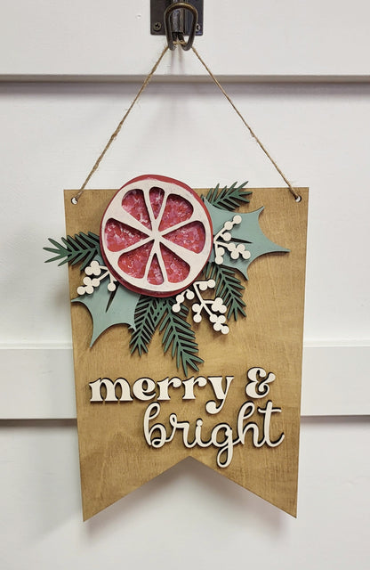 Letrero "Merry &amp; Bright - Listo para pintar" de 10,75 x 7,25 pulgadas para colgar en la puerta
