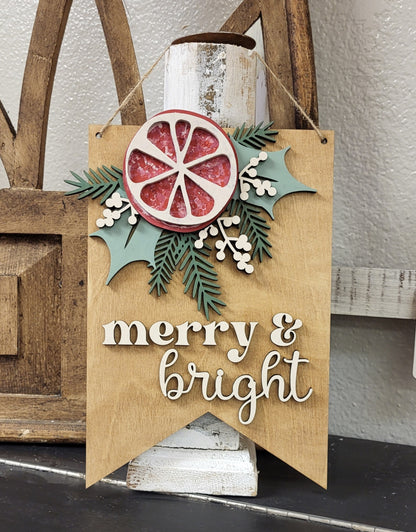 Letrero "Merry &amp; Bright - Listo para pintar" de 10,75 x 7,25 pulgadas para colgar en la puerta