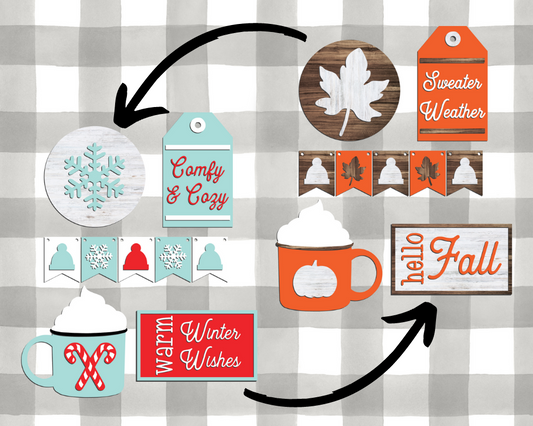 Letreros pequeños reversibles acogedores de otoño e invierno/bandeja escalonada - Kit listo para pintar