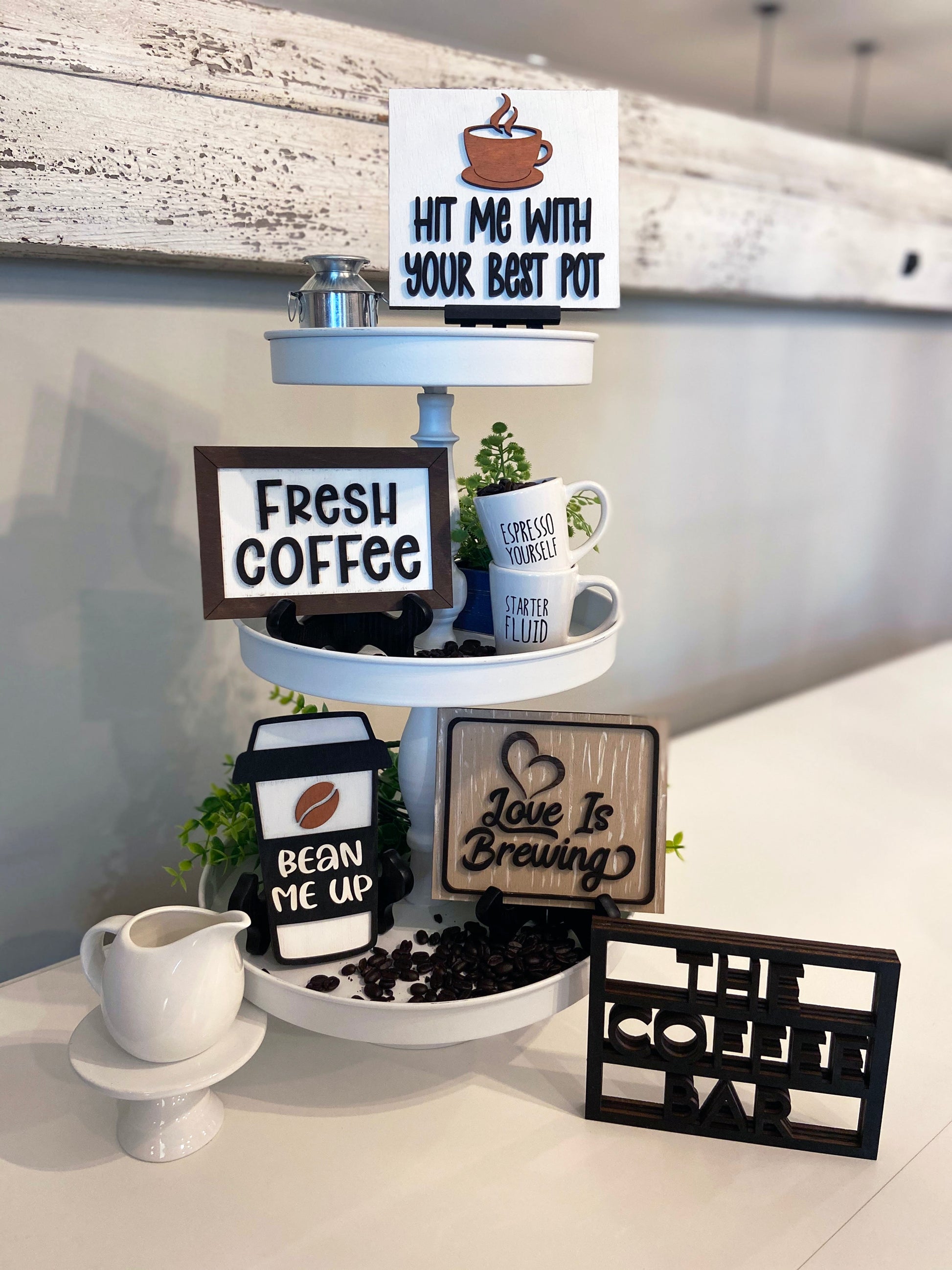 Coffee Bar Accessories, Tiered Tray Décor, Mini Wooden Crate