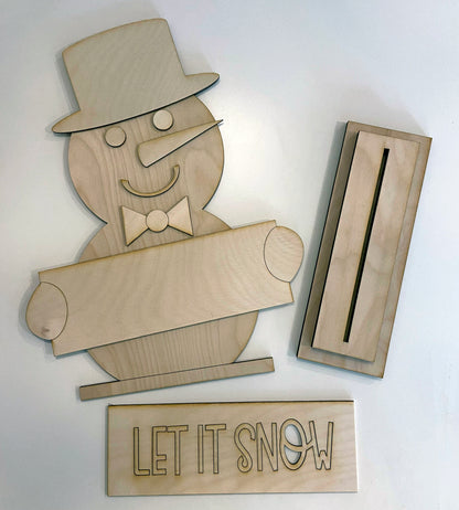 Decoración de estante con muñeco de nieve "Let it Snow" - Kit de madera listo para pintar